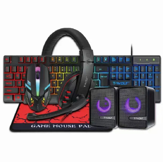 Hot Sale 5 in 1 RGB Light Gaming Combo 104 Keys USB Keyboard with LED Backlit Loudspeaker Headphone Mousepad for Laptop